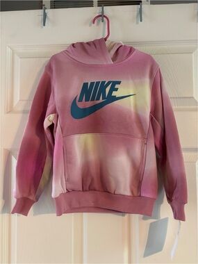 Nike Girls Pink Tie-Dye Hoodie with Teal Swoosh